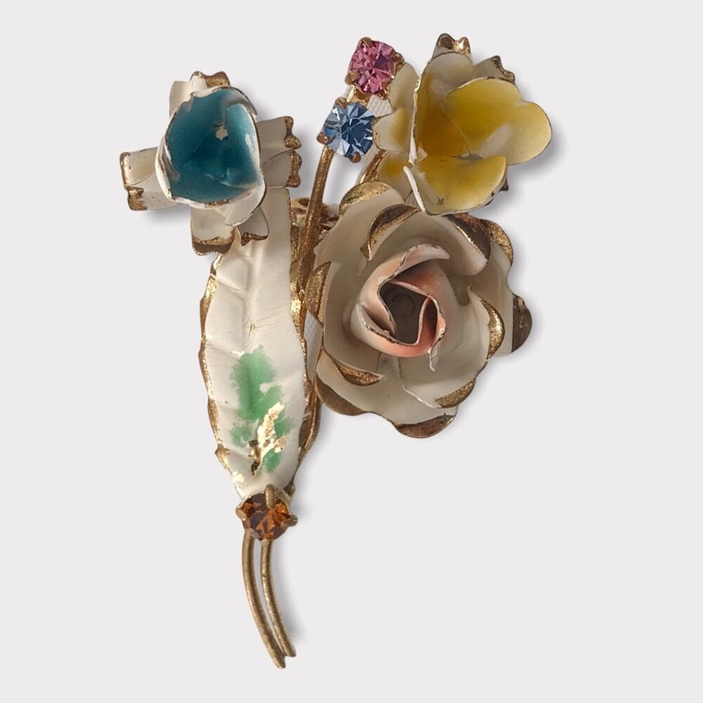 Vintage Austrian Crystal & Painted Gold Tone Rose Flower Brooch